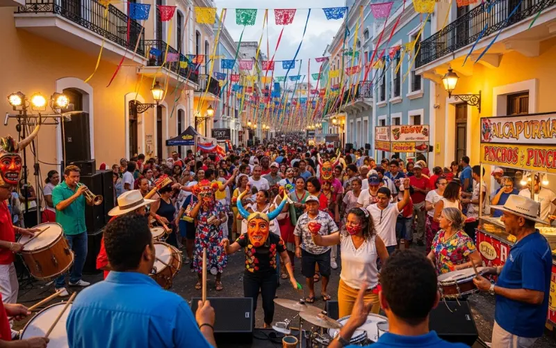 Fiestas de la Calle San Sebastian crowd with colorful masks and live music, festive atmosphere.