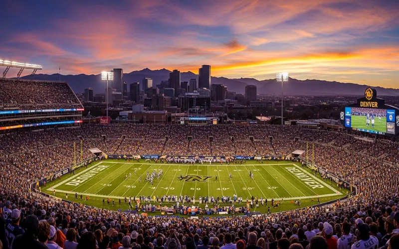 Denver stadium skyline at sunset, cheering crowd, city skyline and mountains in background