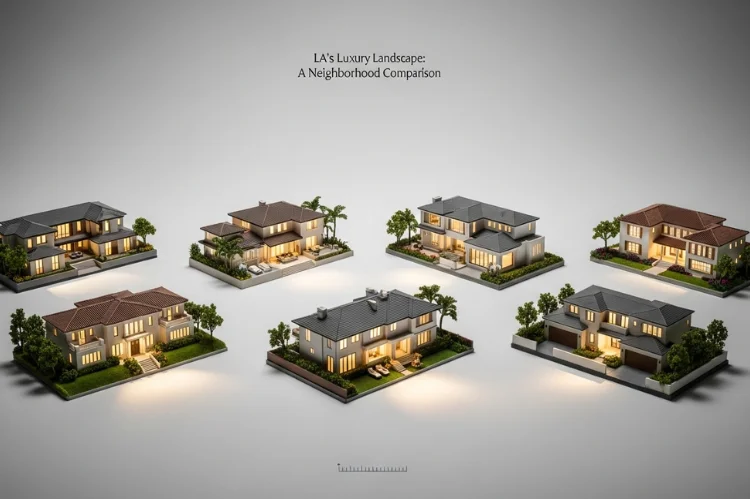 A clean visual comparison scene showing different luxury homes.