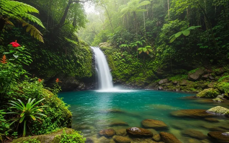 Hidden waterfall in El Yunque jungle with natural swimming pool and lush greenery.