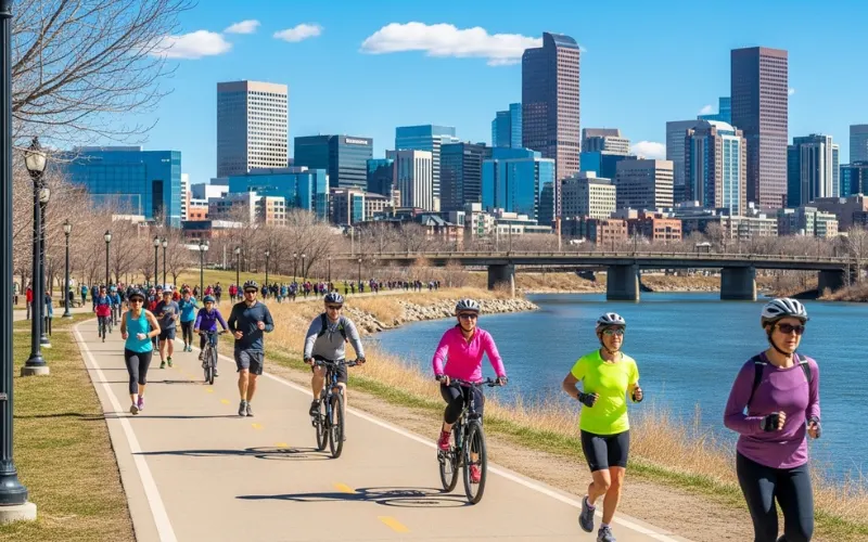 Denver riverfront bike trail, skyline in background, cyclists and runners on paved path, sunny Colorado day, active outdoor lifestyle photography