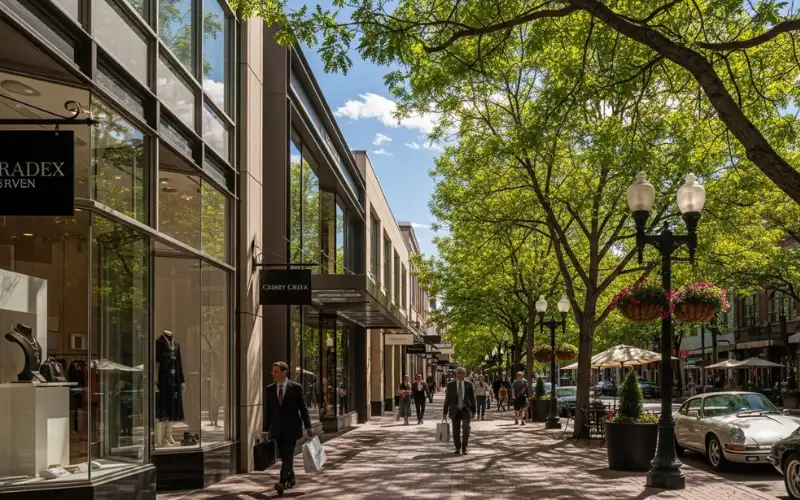 Cherry Creek Denver upscale shopping district, tree-lined streets, luxury boutiques