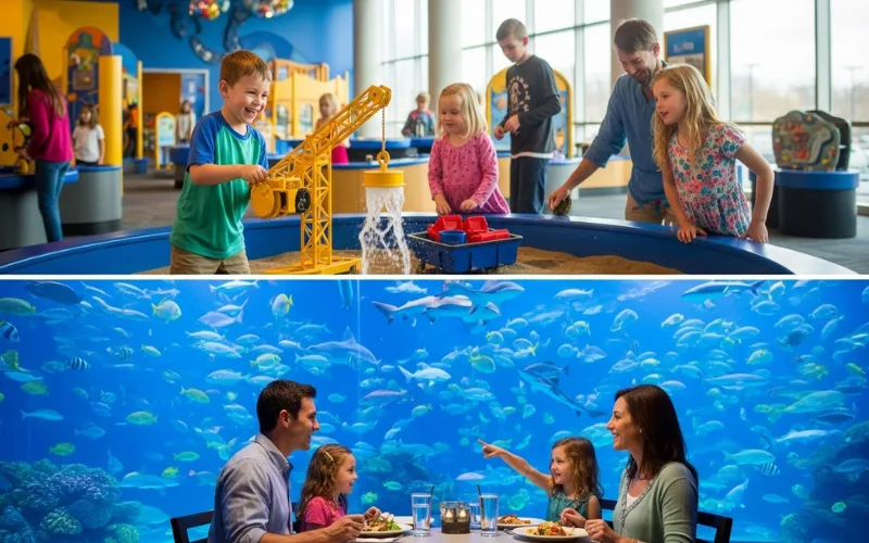 “Kids playing in interactive science exhibits at Children’s Museum of Denver, bright playful interior, cut to family dining inside Downtown Aquarium surrounded by massive fish tanks