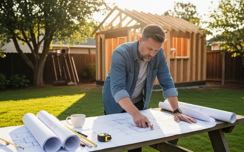 Homeowner reviewing outdoor building plans in backyard, blueprint drawings on table.