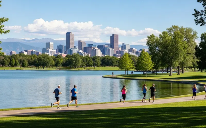 Denver park with lake and skyline view, joggers on path, green lawns, mountain backdrop