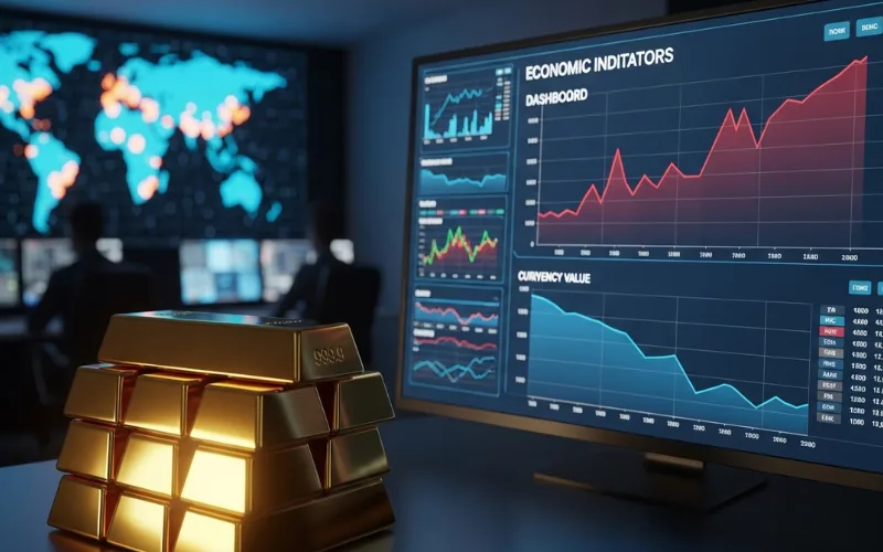 Economic indicators dashboard showing inflation and currency decline, gold bars glowing in foreground, global finance concept.