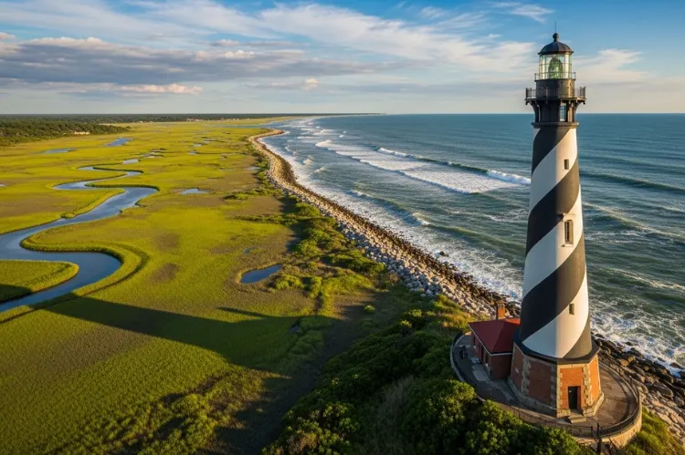Tall white and black striped lighthouse