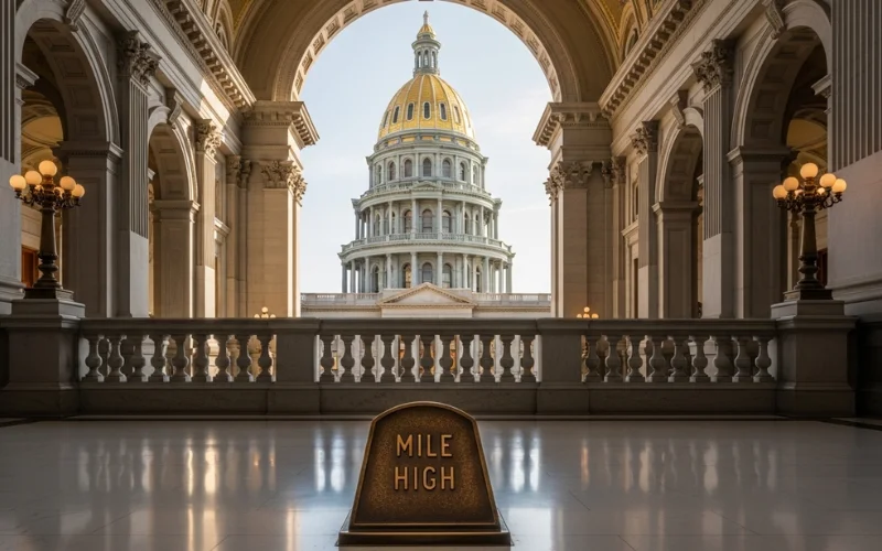 Colorado State Capitol golden dome, Mile High marker, marble interior, classic architecture.