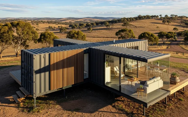Modern container home made from stacked shipping containers, minimalist design, large window, Australian rural landscape.