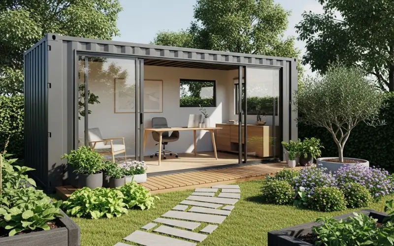 Converted shipping container office in backyard garden, modern design, glass doors, wooden deck, plants around.