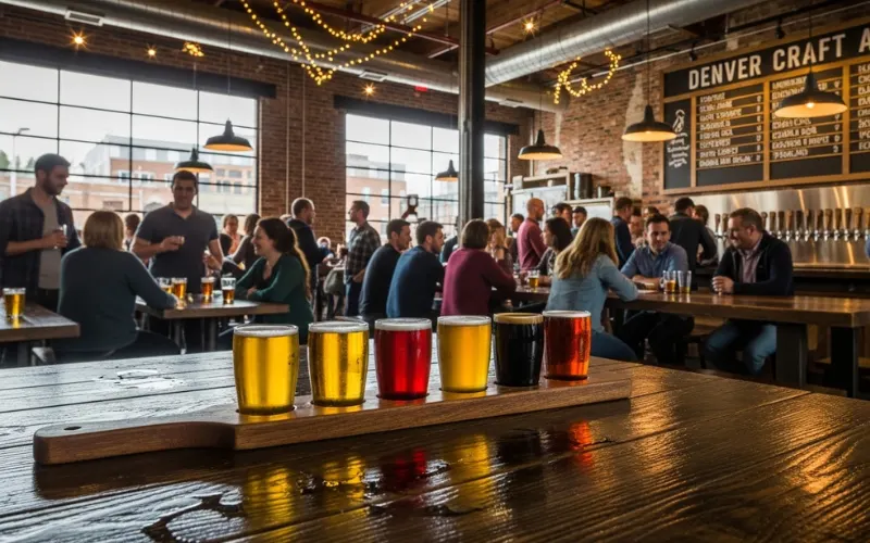 Denver craft brewery interior, flight of colorful beers on wooden table, industrial taproom setting