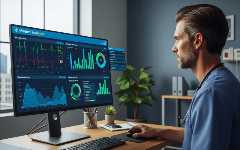 Doctor reviewing medical data analytics dashboard on computer screen in modern clinic office.
