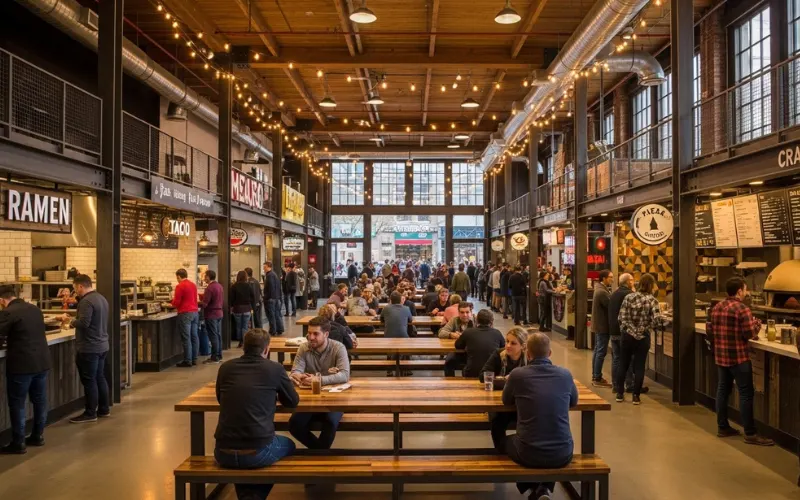 Modern Denver food hall interior, string lights, communal tables, diverse food vendors