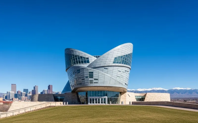 Denver Museum of Nature and Science exterior on a sunny day, modern architecture on a hill, Denver skyline and Rocky Mountains in background, wide angle travel photography