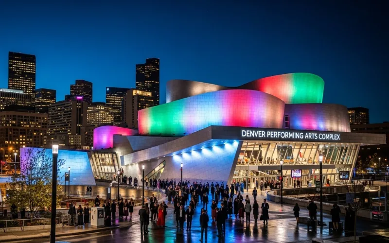Denver Performing Arts Complex exterior at night, illuminated modern architecture, city skyline backdrop, elegant evening atmosphere