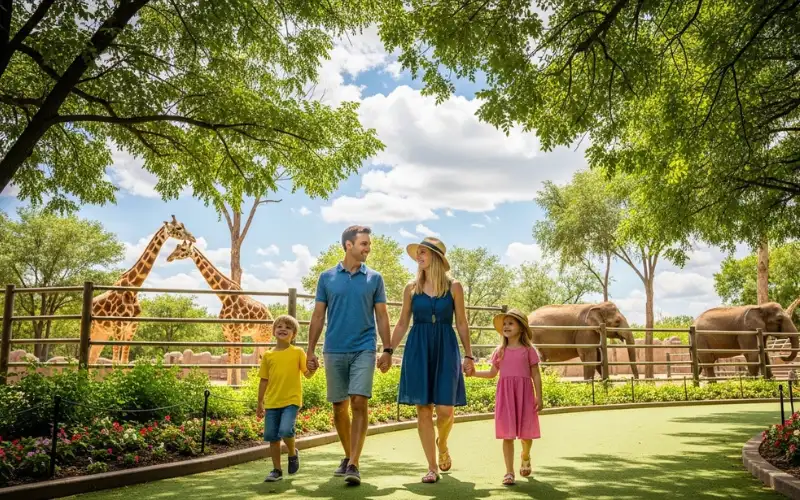 “Family walking through Denver Zoo on a sunny day, giraffes and elephants in background, lush green pathways, vibrant colors, candid travel photography style”
