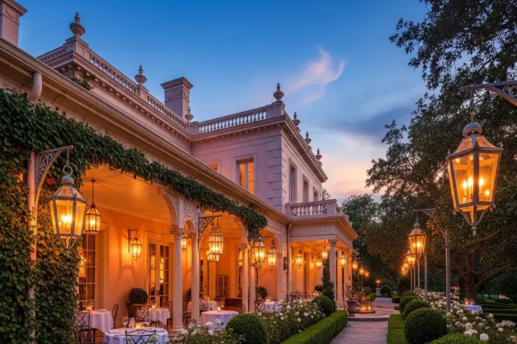Pink historic mansion restaurant exterior at dusk