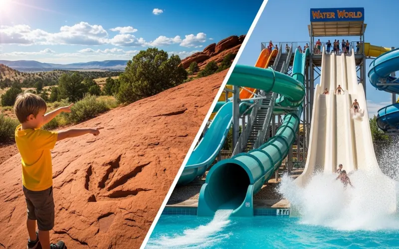 “Child pointing excitedly at dinosaur footprints embedded in red rock at Dinosaur Ridge, sunny Colorado sky, split scene with thrilling water slides