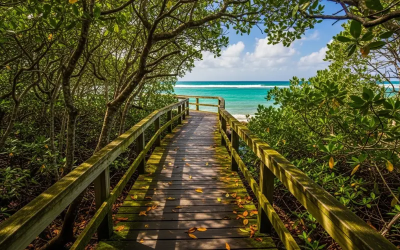 Wooden boardwalk through mangroves in Pinones with ocean breeze and tropical vibe.