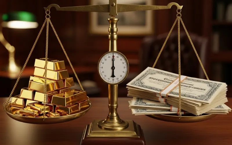 Balanced investment scale with gold bars on one side and stock certificates on other, financial balance.
