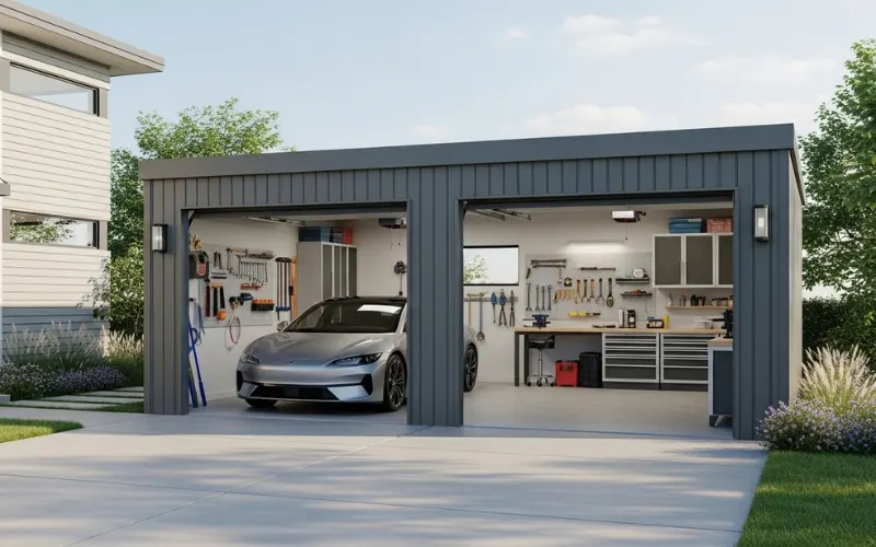 Modern double steel garage beside house, one car parked, second bay used as workshop.
