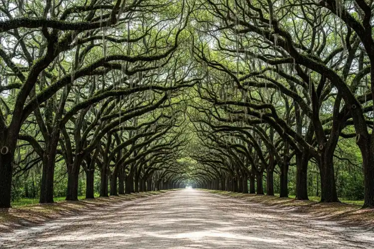 Long oak-lined avenue covered in Spanish moss at Wormsloe Historic Site