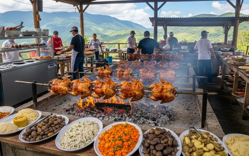 Open-air lechonera roasting whole chicken over fire in Guavate mountains, rustic food scene.