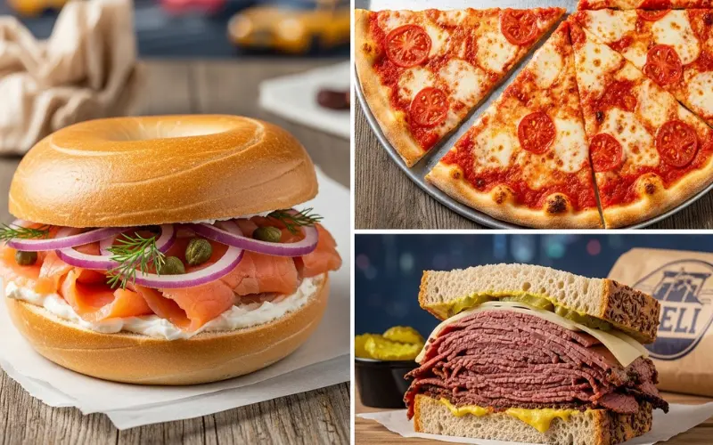 NYC food collage: classic bagel with lox, New York pizza slice, pastrami sandwich, street food vibe.