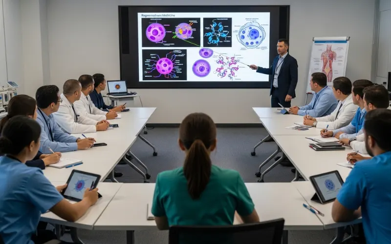 Medical training workshop, doctors attending regenerative medicine seminar, presentation screen.