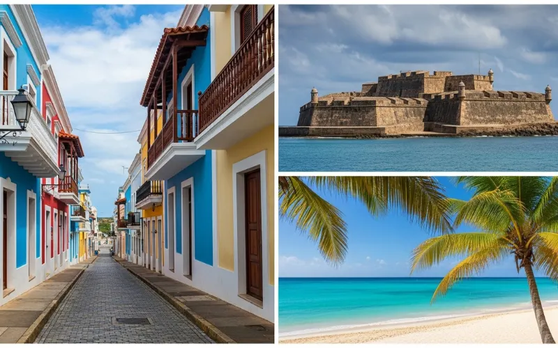 Puerto Rico collage featuring Old San Juan colorful streets, El Morro fort, Flamenco Beach turquoise water.