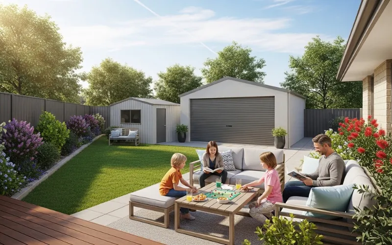 Organized Australian backyard with garage, shed, seating area and greenery, family relaxing outdoors.
