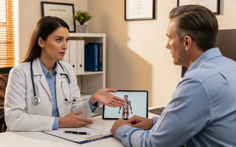 Doctor explaining treatment plan to patient, informed consent discussion, professional clinic office.