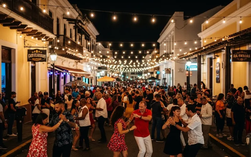 La Placita nightlife with salsa dancing crowd, string lights, lively Caribbean street party.
