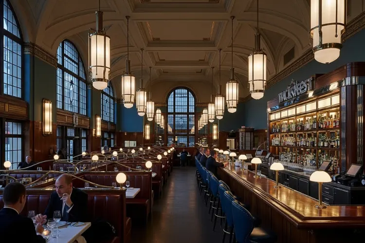 Art deco 1930s bus terminal converted into upscale restaurant interior