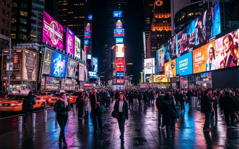 Times Square at night, massive LED billboards glowing, crowd energy, neon reflections on pavement.