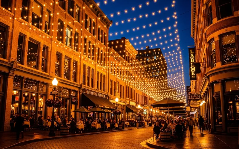 Larimer Square Denver at night, Victorian brick buildings, glowing string lights overhead, outdoor dining, elegant urban atmosphere, warm golden lighting