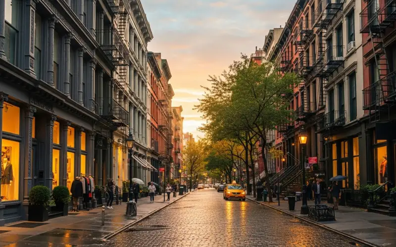 SoHo cobblestone street, cast-iron buildings, boutique storefronts, cozy Greenwich Village brownstones.