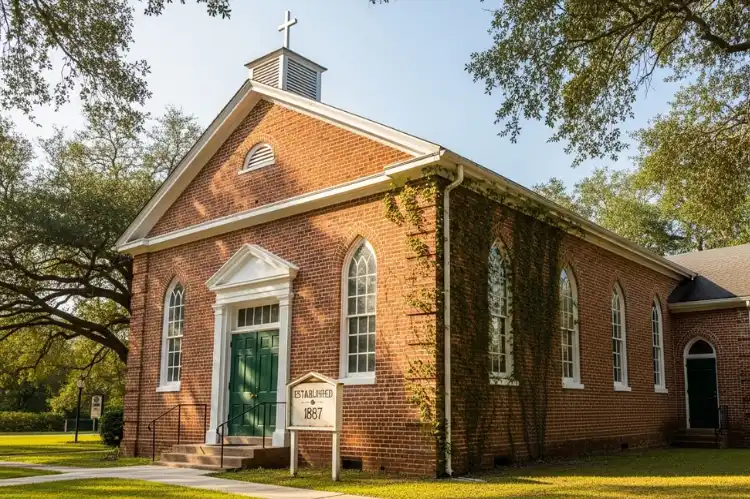 Historic brick church exterior with simple Southern architecture