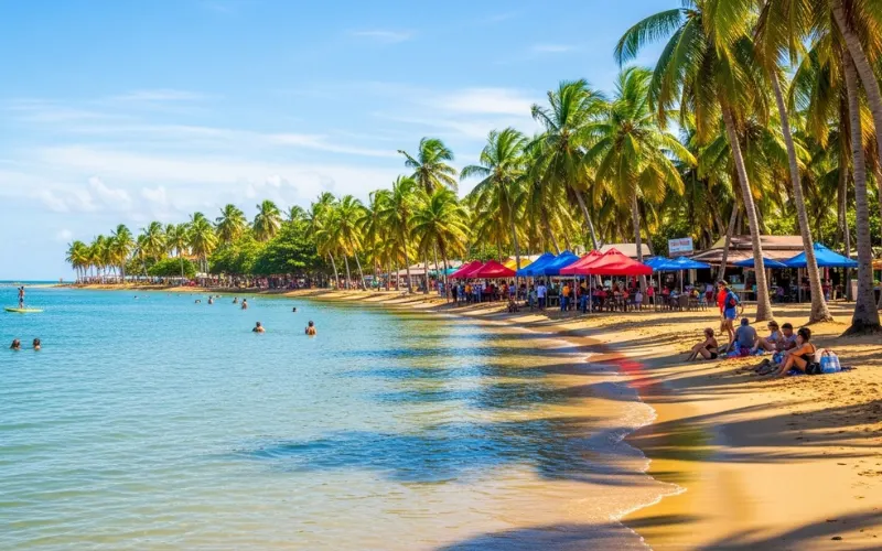 Luquillo Beach calm water with palm trees and nearby food kiosks, sunny tropical afternoon.