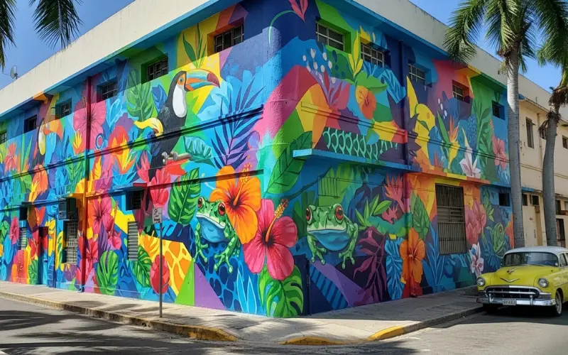 Colorful mural on Calle Cerra in Santurce, vibrant urban street art, tropical city setting.