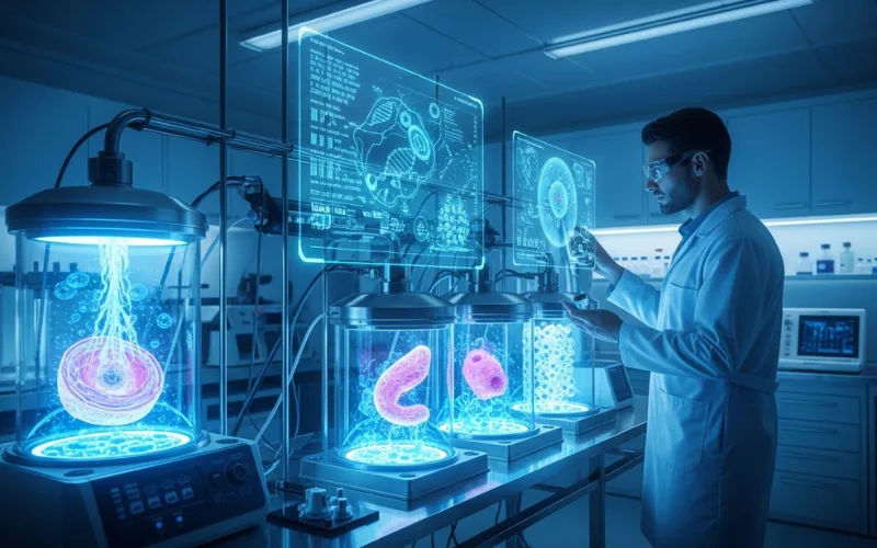 Futuristic regenerative medicine concept, human cells, scientist in modern laboratory, blue clinical lighting.