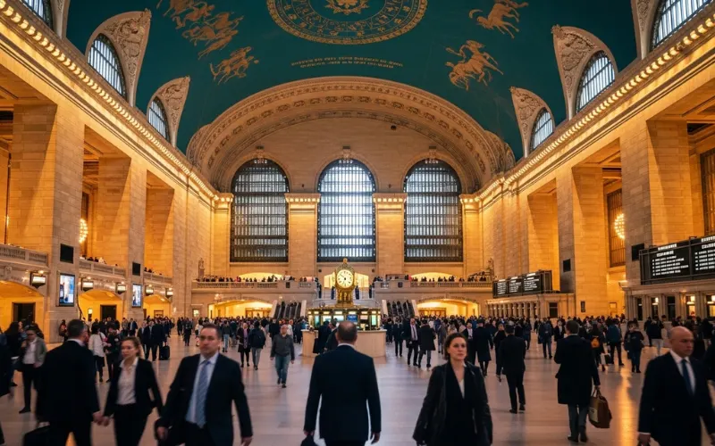Grand Central Terminal main concourse, zodiac ceiling, busy commuters, golden interior lighting.