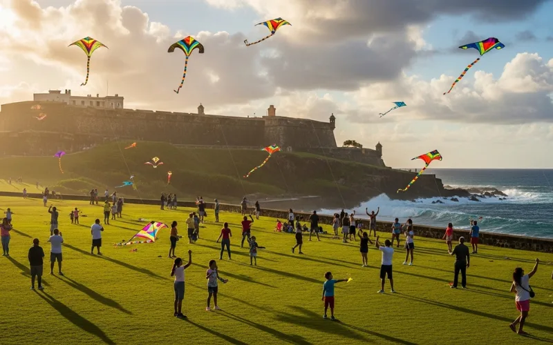 Kite flying at El Morro lawn with ocean cliffs and historic fort backdrop.