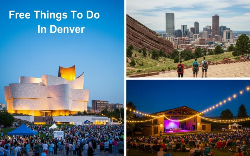 “Modern architecture of Denver Art Museum under blue sky, transition to hikers at Red Rocks Park overlooking city skyline, vibrant daytime city adventure”