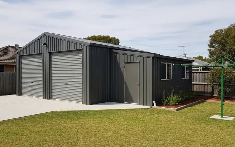 Custom steel garage and shed combination in Australian backyard, dual vehicle bays with attached storage workshop.