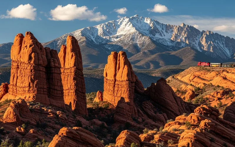Towering red sandstone formations at Garden of the Gods with bright blue sky, scenic train climbing Pikes Peak in distance, epic mountain photography