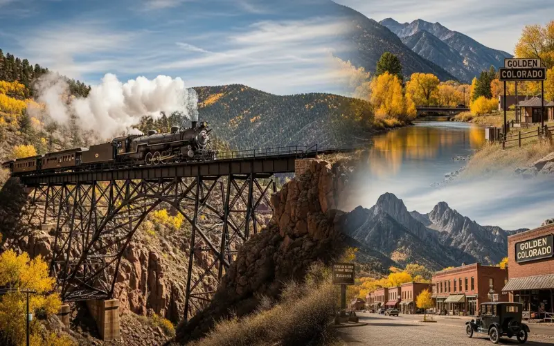 “Historic steam train crossing high bridge in Rocky Mountains, autumn foliage, vintage travel aesthetic, cut to Golden Colorado with mountain backdrop and small-town charm”
