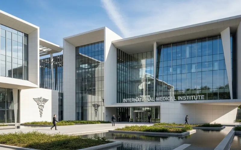 Modern international medical institute exterior, advanced research facility, clean architecture.