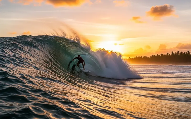 Surfer riding wave at sunset in Rincon Puerto Rico, golden sky, tropical beach vibe.