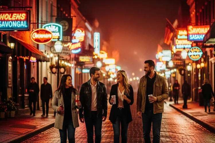 Group of friends bar hopping in Savannah at night, neon signs and cobblestone streets